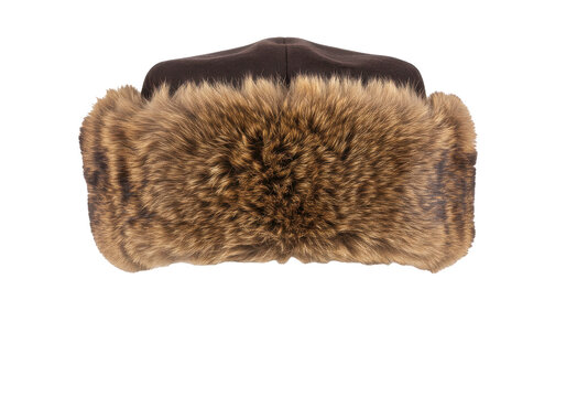 Luxurious brown fur ushanka hat with distinctive textured ear flaps isolated white background