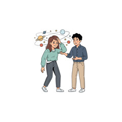 Fototapeta premium Dizzy Woman Illustration with Orbiting Planets and Concerned Man