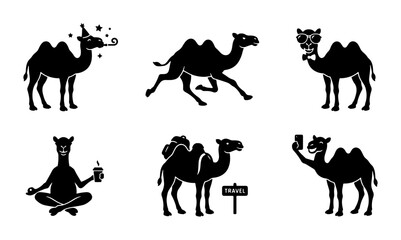 Fototapeta premium Dromedary Camel Silhouettes Collection: Festive, Yoga, Travel, and Selfie Poses, 6 Vector Icons Set for Desert and Safari Themes