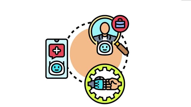 Illustration depicting autonomous hr support concepts, utilizing artificial intelligence and robotic process automation for efficient human resources management and employee interactions