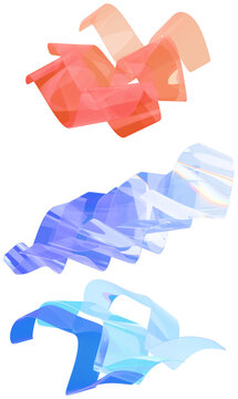 Three translucent pastel wave forms create a floating abstract geometric composition in soft red, blue, and cyan tones.