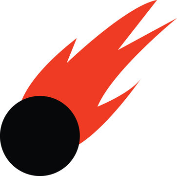 Black meteor with a red fire tail isolated on a white background. This flat fireball icon is perfect for space or astronomy designs. Use this fast comet symbol for creative projects.
