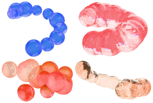 A set of glossy translucent 3D sphere chains in blue, pink, coral, and beige tones arranged as abstract geometric design elements.