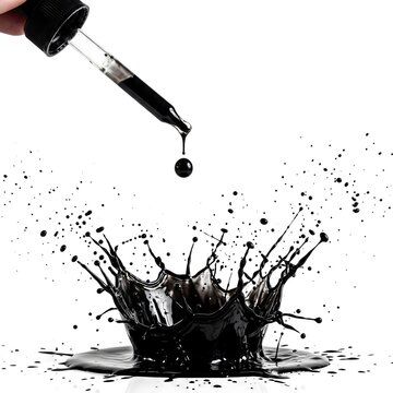Dropper releasing black ink droplet creating dramatic splash crown on white background