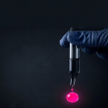 Scientist in gloved hand dispensing glowing pink fluorescent chemical drop in dark lab