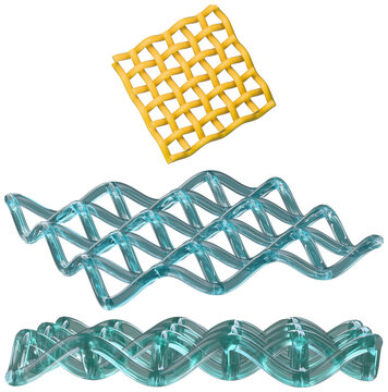 A set of abstract 3D woven mesh forms in translucent blue and yellow for modern design use.