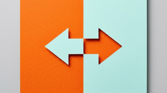 Opposing paper arrows pointing in contrary directions on a vibrant orange and light blue split background with crisp sharp shadows