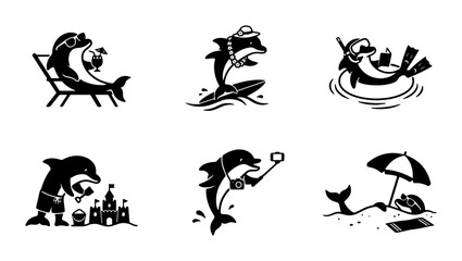 Obraz premium Summer Vacation Dolphin Icons Set, Beach Holiday Marine Mammal Vector Graphics, Ocean Fun Aquatic Animal Illustrations for Travel and Leisure