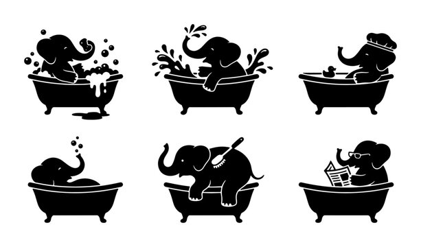 Cute Elephant Bathtub Illustrations, Set of 6 Vector Icons, Adorable Animal Hygiene Graphics, Playful Baby Elephant Bathing Scenes, Black and White Silhouette Collection