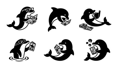 Obraz premium Charming Dolphin Illustrations, Set of 6 Vector Icons for Education and Fun, Playful Marine Mammal Graphics