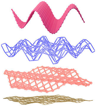 A set of colorful abstract wave lattice forms rendered as geometric 3D design elements.
