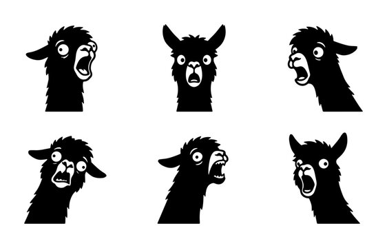 Surprised Llama Faces Vector Set, Expressive Animal Icons, Shocked Alpaca Emotions, Black and White Graphic Elements for Design