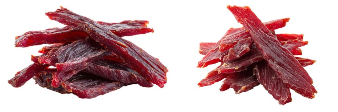 Dried beef jerky meat strips spicy set isolated on transparent background
