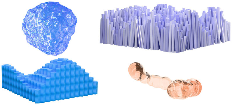 A collection of abstract 3D geometric forms in blue, purple and peach tones with varied textures and modular structures.
