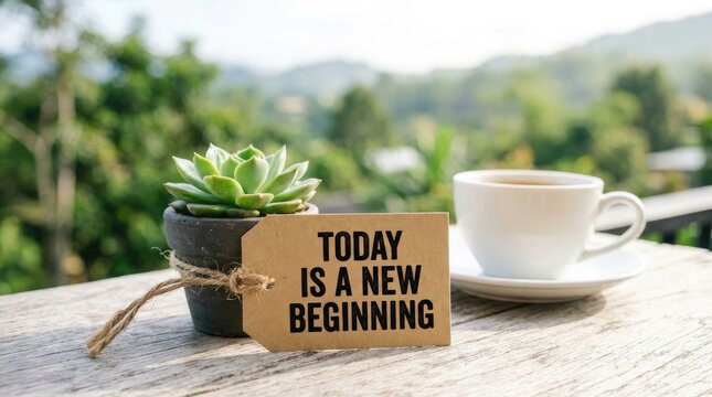 Succulent plant in a dark pot with a tag reading today is a new beginning next to hot coffee cup