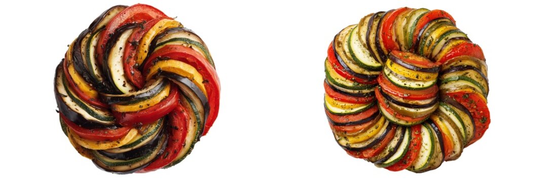 French ratatouille baked vegetable spiral stew dish set isolated on transparent background