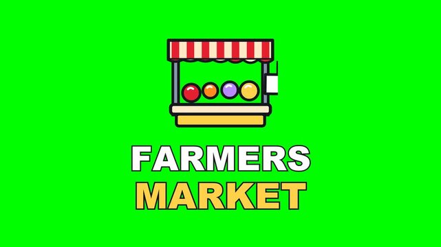 4K green screen FARMERS MARKET animated text - a rippling striped awning over bobbing produce, kinetic typography farm and local produce overlay for markets and social media, chroma key