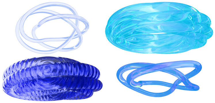 A set of glossy abstract torus knot forms in blue and cyan tones with translucent 3d digital styling.
