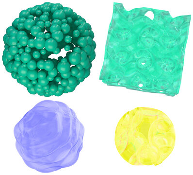 A colorful assortment of abstract 3D geometric forms in glossy, translucent materials and varied shapes.