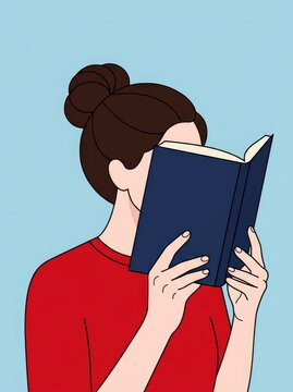Flat design vector illustration of a young woman with a hair bun reading a blue book on a light blue background