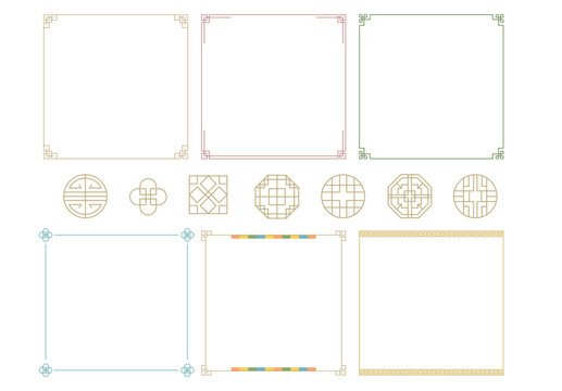 Traditional Korean decorative borders and geometric patterns in a simple line art style for frames, banners and cultural designs.