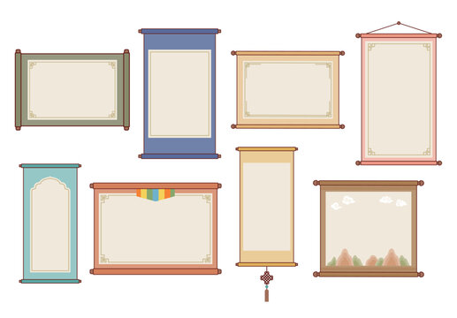 Traditional Korean hanging scroll and banner frames with decorative borders and clean outlined flat illustration style.
