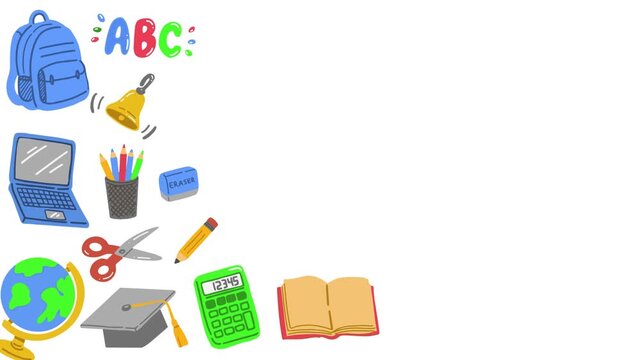 Creative banner Back to school. 4K animated banner design with school items. Drawn school items for education