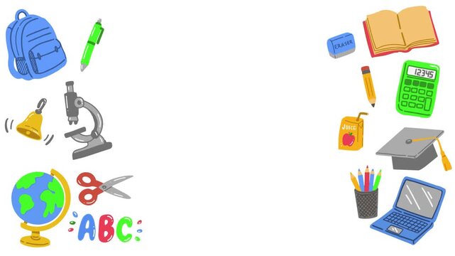 Creative banner Back to school. 4K animated banner design with school items. Drawn school items for education