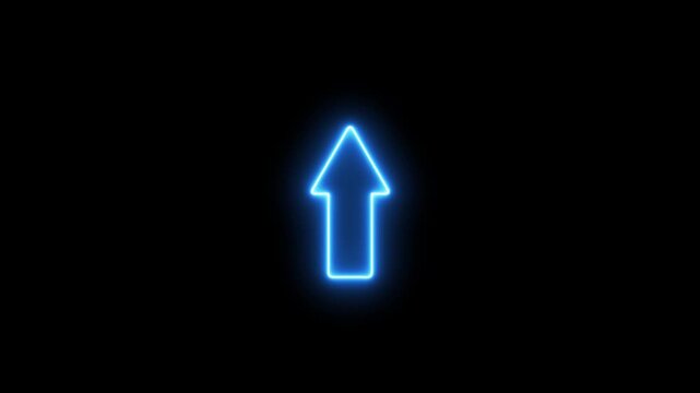 Neon glowing line Up direction animated arrow on black background .Animation of sweep arrow icon, upward and transparent swipe up pointing arrow icon.
