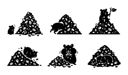Fototapeta premium Hamster Climbing Gravel Piles, Vector Icons Set: Cute Rodent Actions, Tiny Pet Life, Small Animal Adventure, Graphic Elements for Design