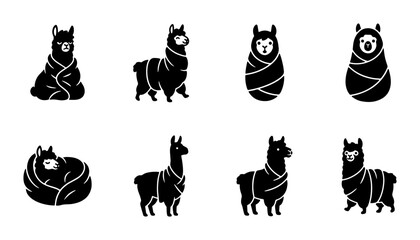 Fototapeta premium Cute Llama Vector Icons Set, Adorable Alpaca Graphics, Baby Llama Illustrations, Black and White Animal Silhouettes for Design