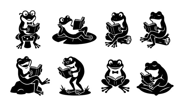 Charming Frog Reading Collection, 8 Vector Icons Set, Whimsical Amphibian Characters, Educational & Playful Illustrations, Black & White Silhouettes