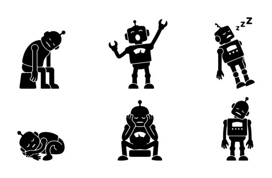 Robot Character Emotions Set, 6 Vector Icons Depicting Sadness, Surprise, Sleep, and Frustration, Simple Black and White Android Expressions for Technology Concepts