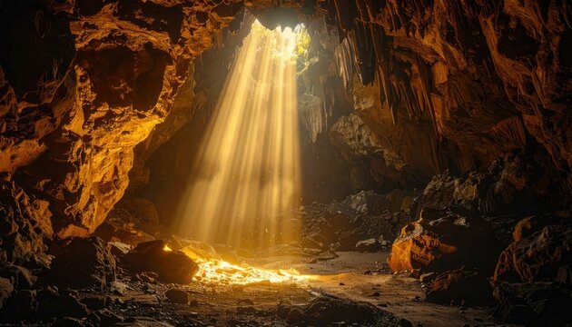 Golden sunbeams illuminating a deep rocky cavern interior