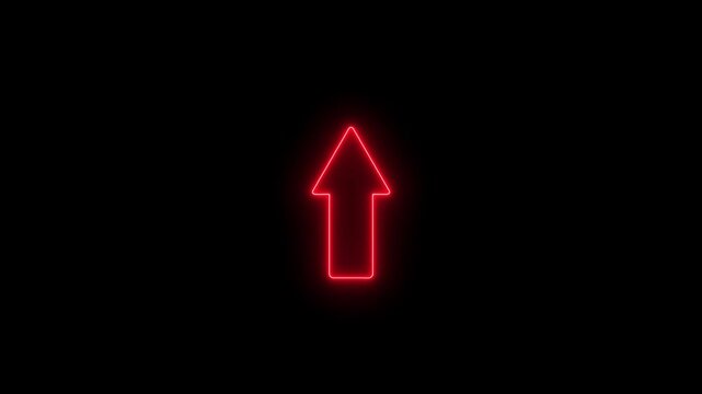 Neon glowing line Up direction animated arrow on black background .Animation of sweep arrow icon, upward and transparent swipe up pointing arrow icon.
