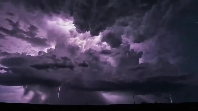 Dramatic night sky with lightning illuminating clouds, captured in a wide-angle video shot. Live desktop wallpaper.