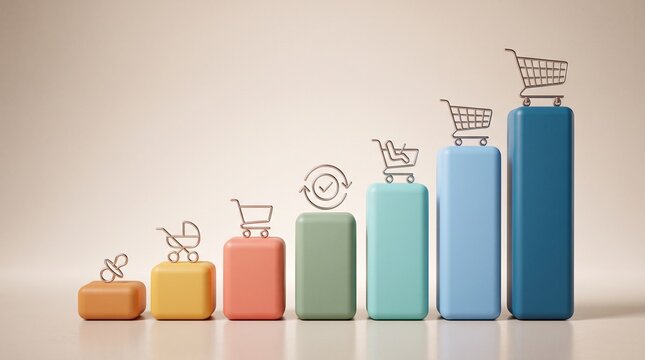 Growth Chart with Shopping Carts: A stylized bar chart depicts a rising trend, with shopping cart icons atop each bar symbolizing business growth and increasing customer acquisition.