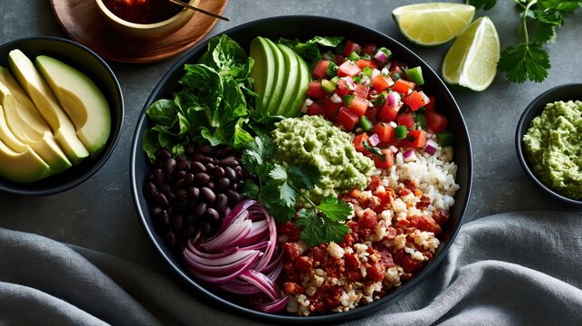 Healthy Grain Bowl with Black Beans Avocado and Salsa served with Lime and Cilantro on a Dark Surface