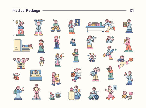 Medical character illustration set featuring doctors, patients, hospital care, treatment, diagnosis, emergency and healthcare scenes.