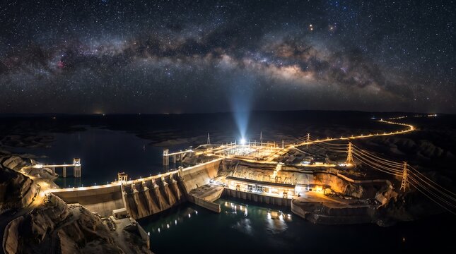 Hydroelectric dam illuminated at night under a breathtaking starry milky way galaxy sky with hydroelectric astronomy universe illumination