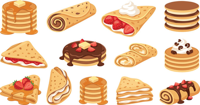Pancake and crepe vector illustration set featuring delicious breakfast rolls stacks with syrup chocolate strawberry and whipped cream
