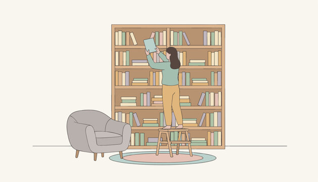 Young person uses a small ladder to retrieve a book from a tall wooden library shelf in a quiet room with a comfortable chair.