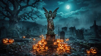 Fototapeta premium Stone angel statue stand in spooky graveyard with glow jack o lantern under full moon for Halloween theme