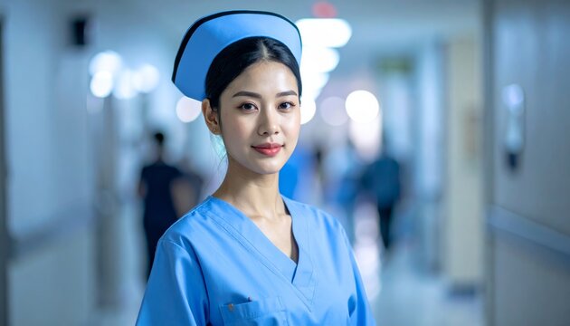 A young Asian female nurse in blue scrubs and cap smiling confidently in a hospital corridor setting.