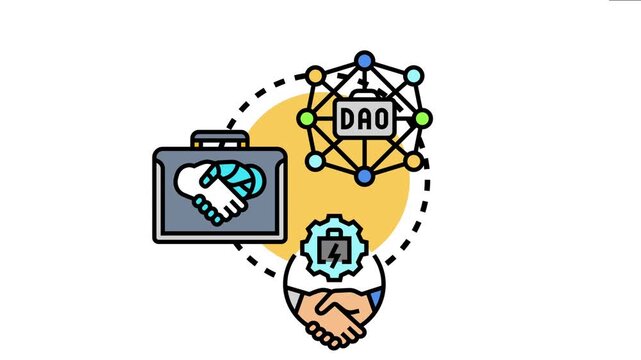Decentralized autonomous organization - dao - concept combining a network structure with a business briefcase handshake and a gear icon symbolizing smart contracts and collective decision making