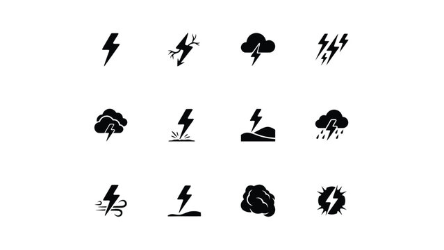 Minimalist black lightning and storm weather icons set on clean background with weather related symbols arranged clean 3x4 grid against light neutral backdrop