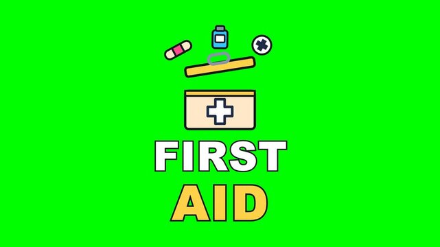 4K green screen FIRST AID animated text - a kit lid lifting as supplies float out, kinetic typography health and wellness overlay for clinics wellness content and social media, chroma key