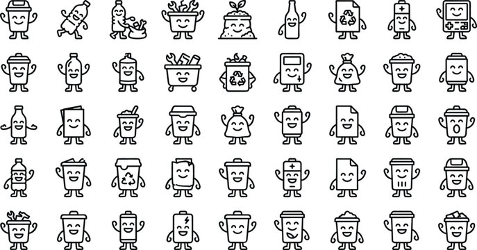 Cute Recycling and Waste Management Mascot Line Icon Set with Happy Trash Can Bottle Battery and Eco Friendly Characters for Environmental Education