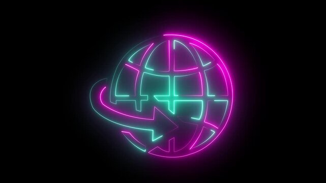 Neon global with arrow rotating animation for global business and digital connectivity 4k