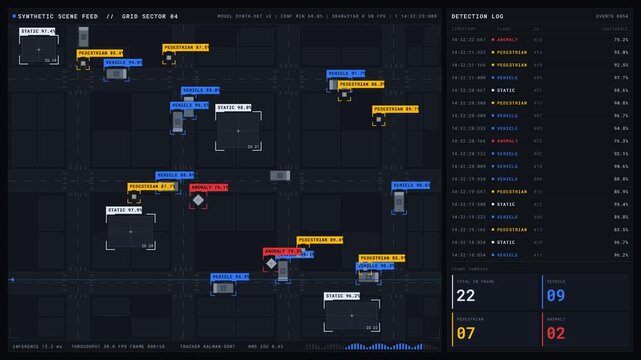 Stylized computer vision AI object detection dashboard displaying real-time synthetic urban grid with color-coded bounding boxes and live log of detection events.